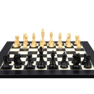 Dal Rossi Italy, Ebony Finish / Boxwood 95mm Wood Double Weighted on a Black / Erable, 20cm Chess Board