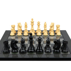 Dal Rossi Italy, Ebony Finish / Boxwood 95mm Wood Double Weighted on a Carbon Fibre Shinny Finish, 40cm Chess Board