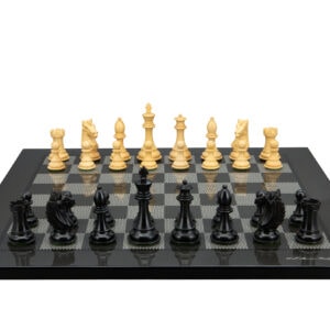 Dal Rossi Italy, Ebony Finish / Boxwood 95mm Wood Double Weighted on a Carbon Fibre Shinny Finish, 50cm Chess Board