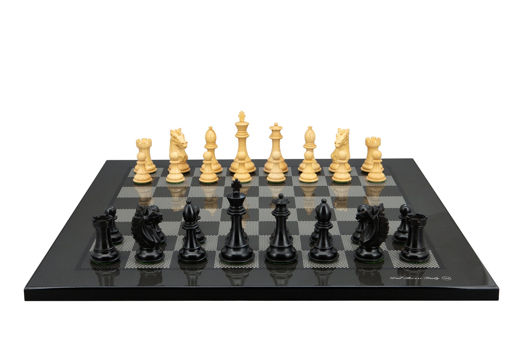 Dal Rossi Italy,  Ebony Finish / Boxwood 95mm Wood Double Weighted on a Carbon Fibre Shinny Finish, 50cm Chess Board