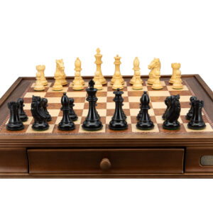Dal Rossi Ebony Finish / Boxwood 95mm Wood Double Weighted on a Walnut Inlaid Chess Box with Drawers 20"