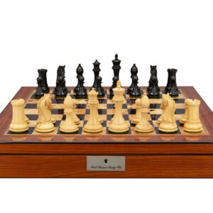 Dal Rossi Italy, Ebony Finish / Boxwood 105mm Wood Double Weighted on a Walnut Finish Shiny Chess Box with Compartments 20"