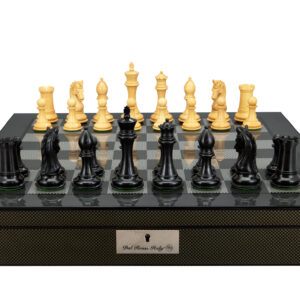 Dal Rossi Italy, Ebony Finish / Boxwood 105mm Wood Double Weighted on a Carbon Fibre Finish Shiny Chess Box with Compartments 20"