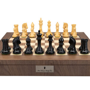 Dal Rossi Italy, Ebony Finish / Boxwood 95mm Wood Double Weighted on a Walnut Inlaid Chess Box with Compartments 20"