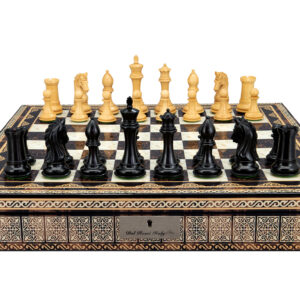 Dal Rossi Italy, Ebony Finish / Boxwood 105mm Wood Double Weighted on a Mosaic Finish Shiny Chess Box with Compartments 20"