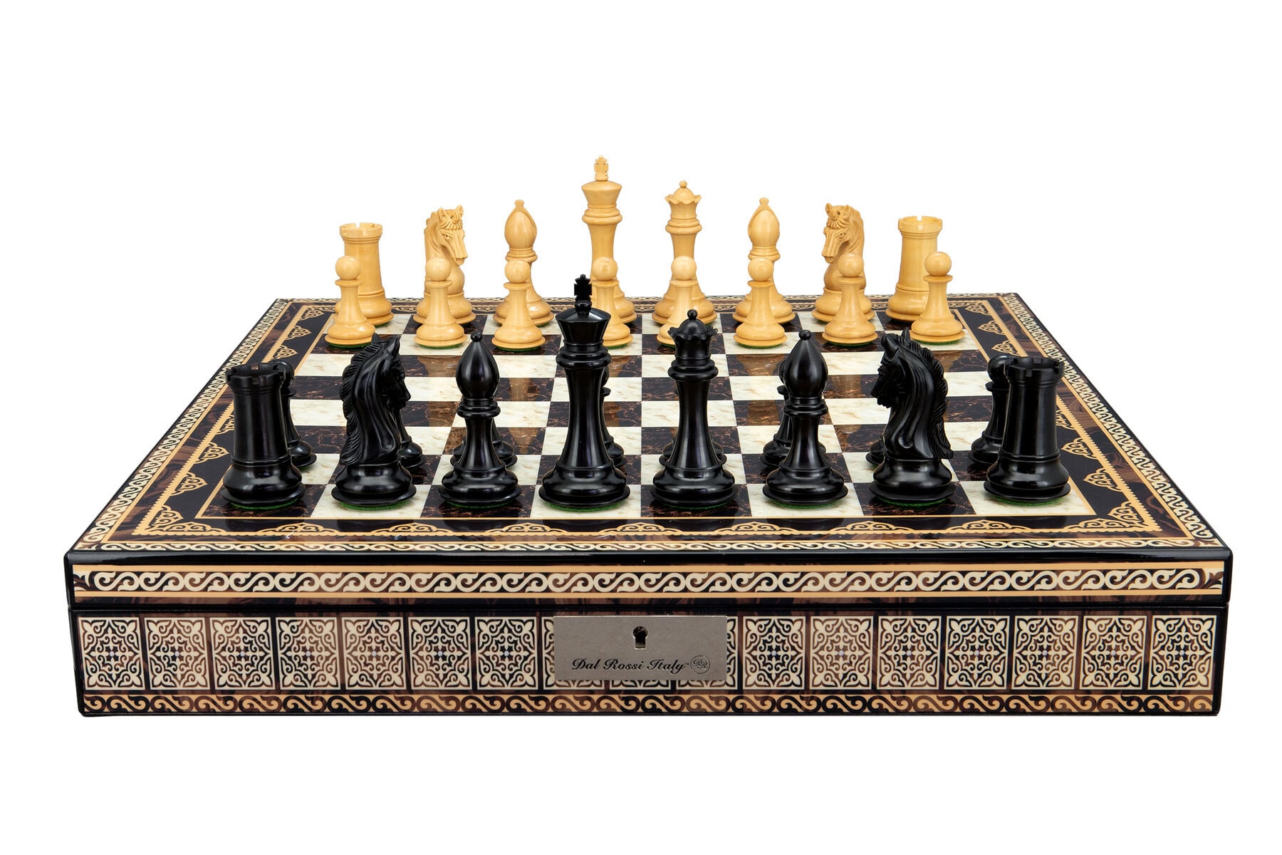 Dal Rossi Italy, Ebony Finish / Boxwood 105mm Wood Double Weighted on a Mosaic Finish Shiny Chess Box with Compartments 20"