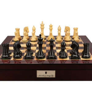 Dal Rossi Italy, Ebony Finish / Boxwood 105mm Wood Double Weighted on a Mahogany Finish Shiny Chess Box with Compartments 20"