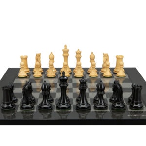 Dal Rossi Italy,  Ebony Finish / Boxwood 105mm Wood Double Weighted on a Carbon Fibre Shinny Finish, 50cm Chess Board