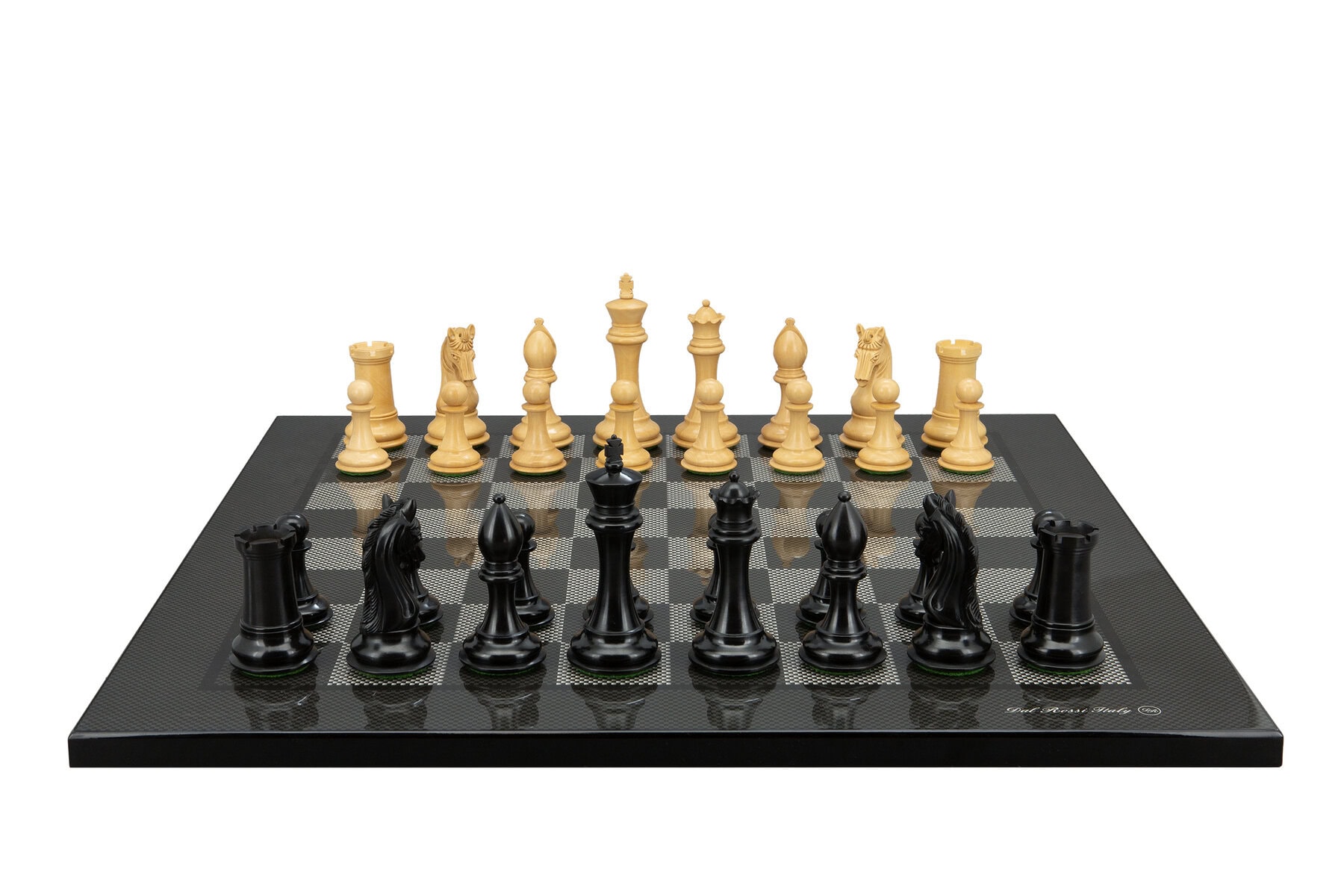 Dal Rossi Italy,  Ebony Finish / Boxwood 105mm Wood Double Weighted on a Carbon Fibre Shinny Finish, 50cm Chess Board