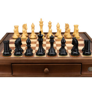 Dal Rossi Ebony Finish / Boxwood 105mm Wood Double Weighted on a Walnut Inlaid Chess Box with Drawers 20"