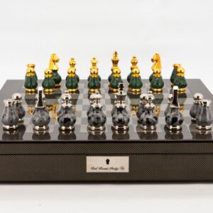 Dal Rossi Italy Chess Set Carbon Fibre Finish 20″ With Compartments, With Gray and Green Gold and Silver Tops and Bottoms Chessmen 90mm