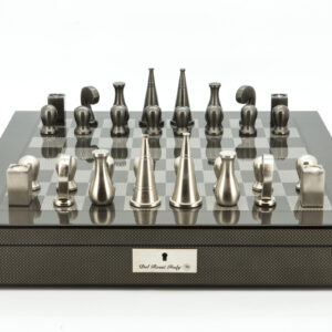 Dal Rossi Italy Chess Set Carbon Fibre Finish 20″ With Compartments, With Metal Dark Titanium and Silver 90mm Chessmen