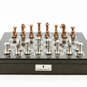 Dal Rossi Italy Chess Set Carbon Fibre Shinny Finish 20″ With Compartments, With Metal Copper and silver Chessmen 80mm