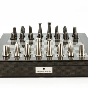 Dal Rossi Italy Chess Set Carbon Fibre Shinny Finish 20″ With Compartments, With Metal Dark Titanium and Silver chessmen 85mm