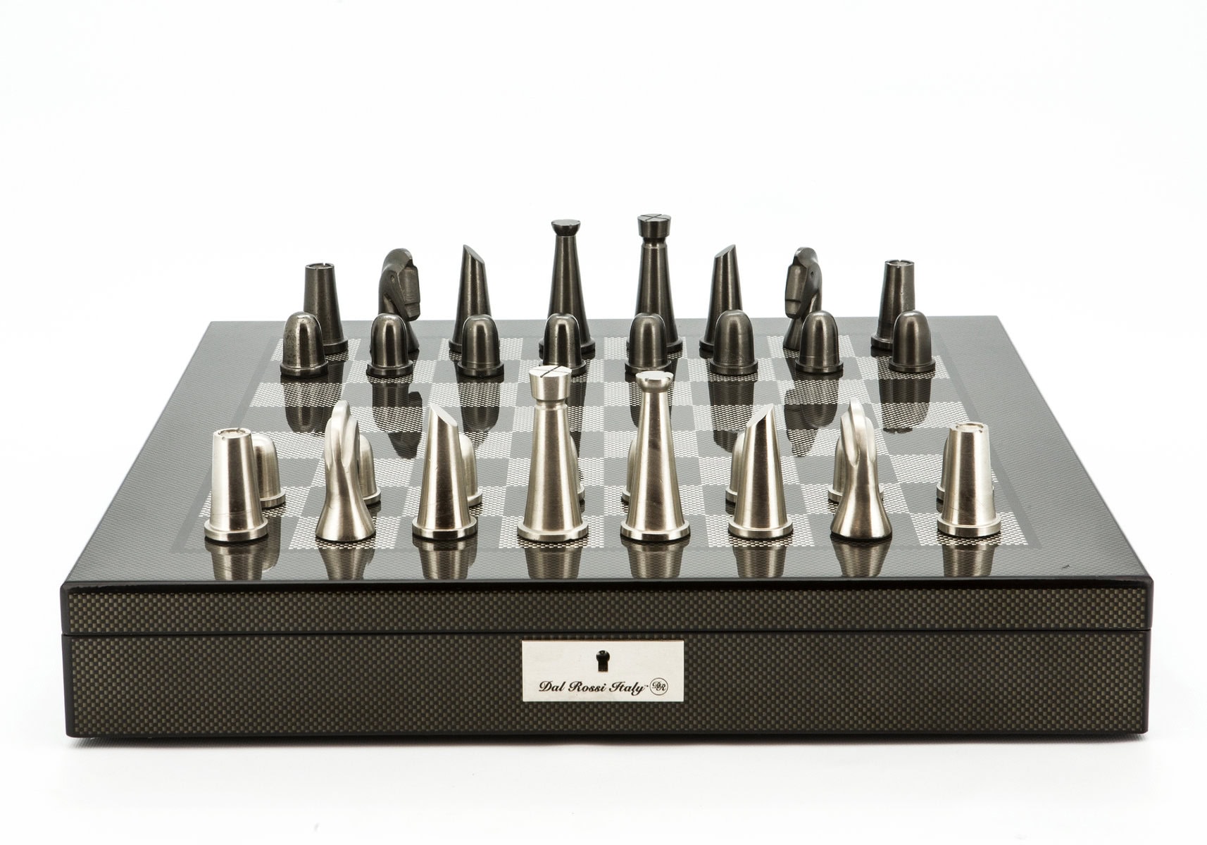 Dal Rossi Italy Chess Set Carbon Fibre Shinny Finish 20″ With Compartments, With Metal Dark Titanium and Silver chessmen 85mm