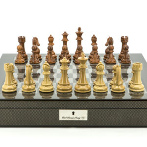 Dal Rossi Italy Chess Set Carbon Fibre Shinny Finish 20″ With Compartments, Brown and Box Wood Grain Finish 110mm Chess Pieces