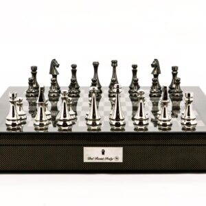 Dal Rossi Italy Chess Set Carbon Fibre Shinny Finish 20″ With Compartments, With Metal Dark Titanium and Silver chessmen 85mm