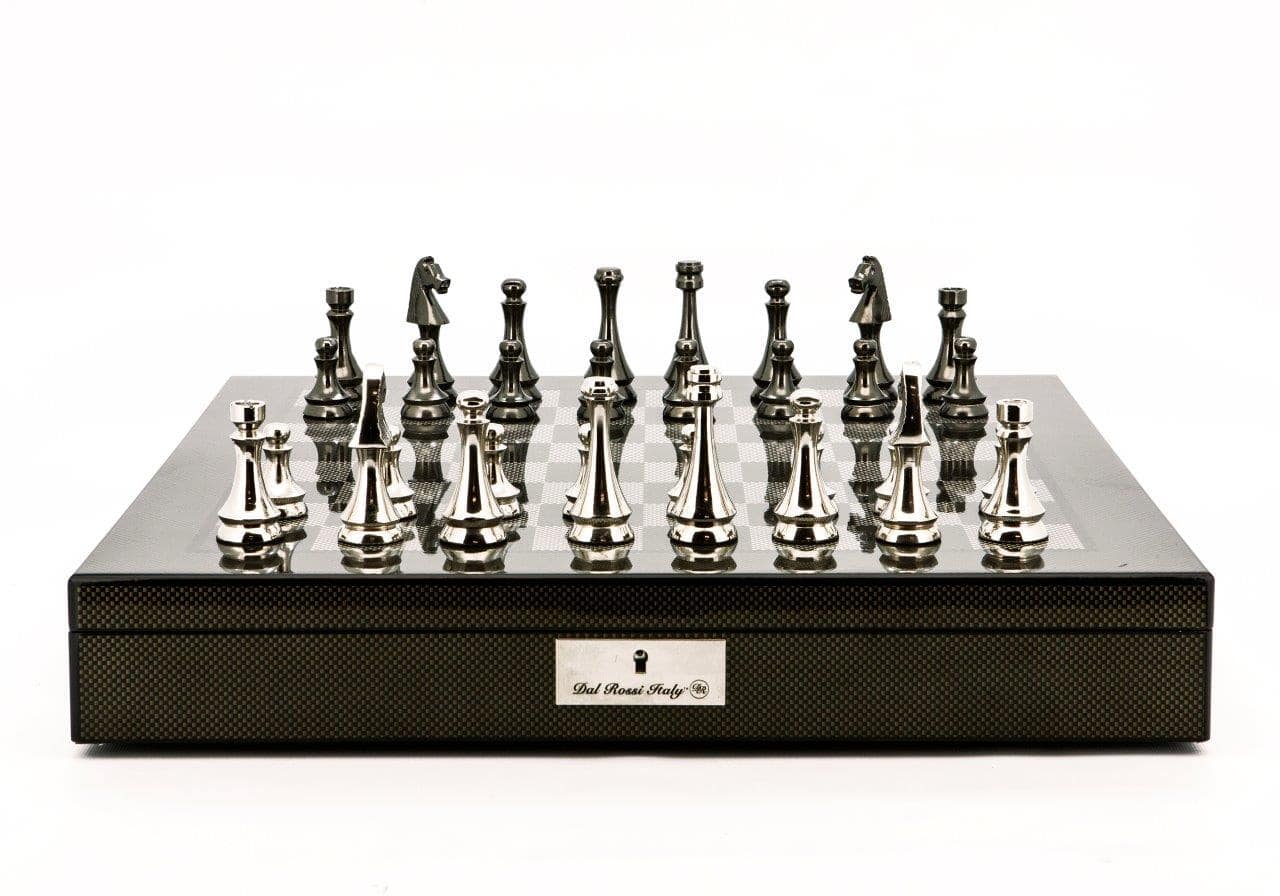 Dal Rossi Italy Chess Set Carbon Fibre Shinny Finish 20″ With Compartments, With Metal Dark Titanium and Silver chessmen 85mm