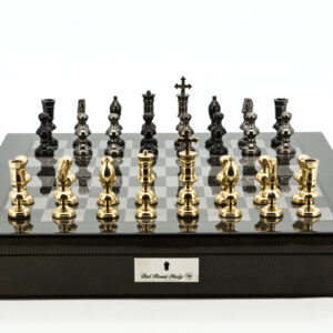 Dal Rossi Italy Chess Set Carbon Fibre Shinny Finish 20″ With Compartments, With Metal Dark Titanium and Gold Chessmen 110mm