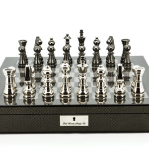 Dal Rossi Italy Chess Set Carbon Fibre Shinny Finish 20″ With Compartments, With Metal Dark Titanium and Silver chessmen115mm