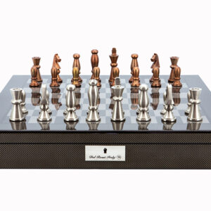 Dal Rossi Italy Chess Set Carbon Fibre Finish 20″ With Compartments, With Copper & Silver Weighted Metal Chess Pieces 85mm pieces