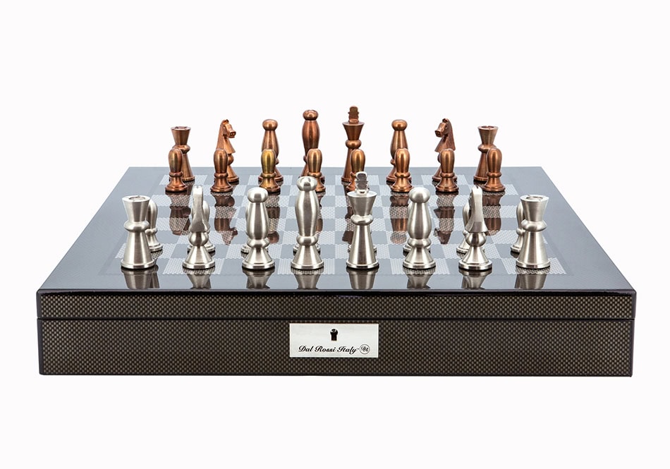 Dal Rossi Italy Chess Set Carbon Fibre Finish 20″ With Compartments, With Copper & Silver Weighted Metal Chess Pieces 85mm pieces