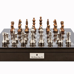 Dal Rossi Italy Chess Set Carbon Fibre Finish 20″ With Compartments, With Copper & Silver Weighted Metal Chess Pieces 100mm pieces