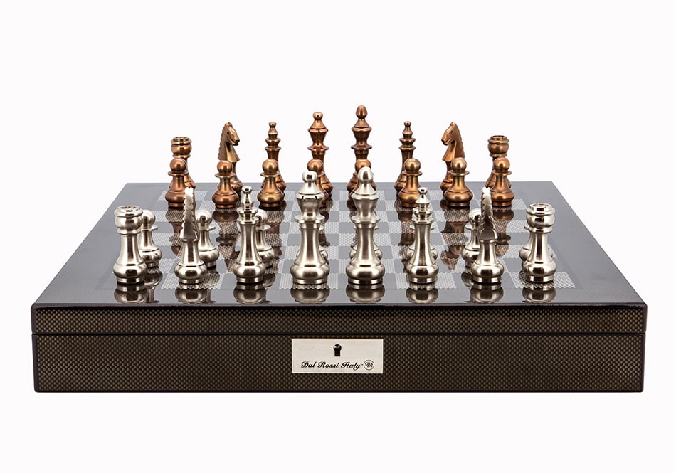 Dal Rossi Italy Chess Set Carbon Fibre Finish 20″ With Compartments, With Copper & Silver Weighted Metal Chess Pieces 100mm pieces