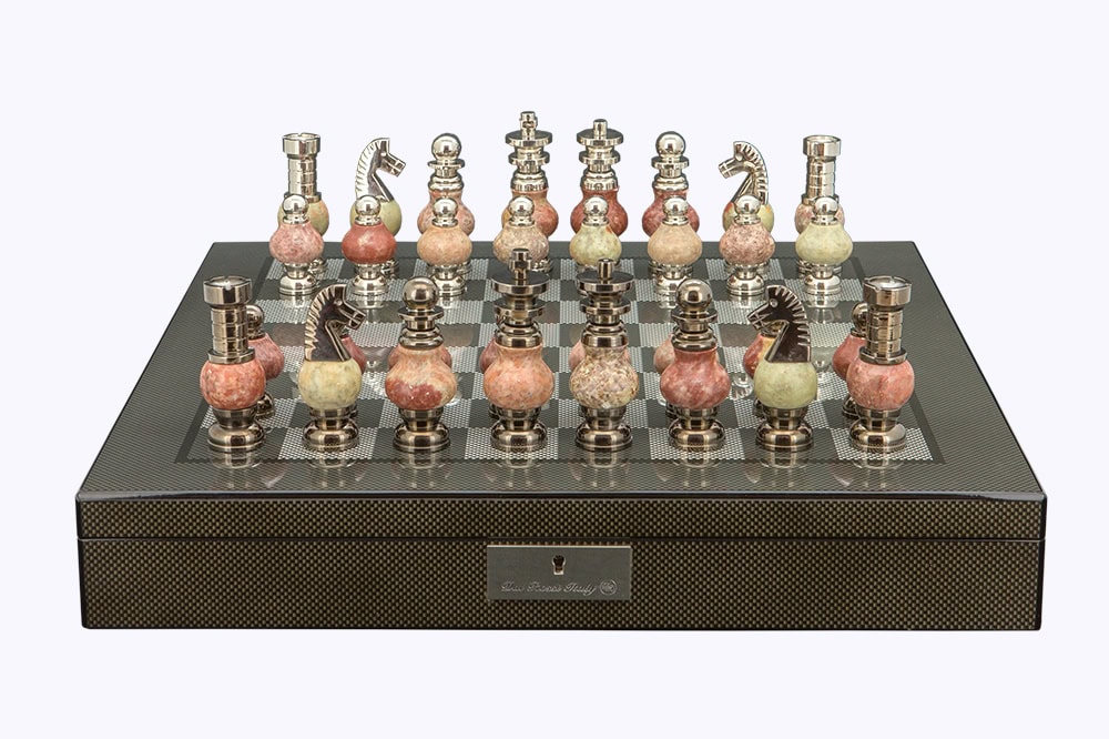 Dal Rossi Italy Chess Set on a 20" Board & Box with Coloured Stone and  Metal , Silver Chessmen