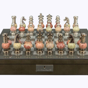 Dal Rossi Italy Chess Set on a 20" Walnut Board & Box with Coloured Stone and Metal , Silver Chessmen