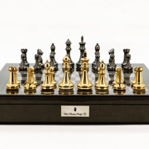 Dal Rossi Italy Chess Set Carbon Fibre Shinny Finish 20″ With Compartments, With Very Heavy Brass Staunton Gold and Silver chessmen 110mm