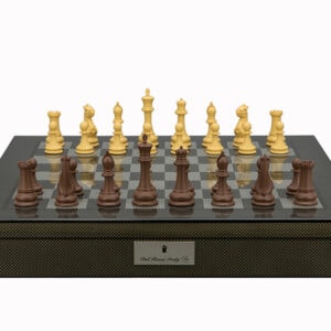 Dal Rossi Italy Chess Set Carbon Fibre Shinny Finish20″ With Compartments, With Queens Gambit Chessmen 90mm