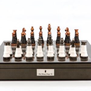 Dal Rossi Italy Chess Set Carbon Fibre Finish 20″ With Compartments, With Black and White Copper and Gun Metal Gray Tops Pieces 110mm