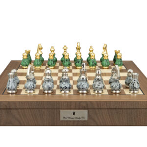Dal Rossi Italy, Gray and Green with Gold and Silver Tops and Bottoms Chessmen 90mm on a Walnut Inlaid Chess Box with Compartments 20"