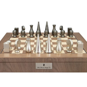 Dal Rossi Italy Metal Dark Titanium and Silver 90mm Chessmen on a Walnut Inlaid Chess Box with Compartments 20"