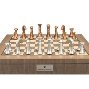 Dal Rossi Italy Metal Copper and Silver 80mm Chessmen on a Walnut Inlaid Chess Box with Compartments 20"
