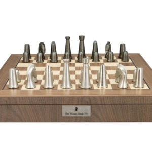 Dal Rossi Italy Metal Dark Titanium and Silver 85mm on a Walnut Inlaid Chess Box with Compartments 20"