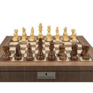Dal Rossi Italy, Staunton Boxwood/Sheesham95mm Wood Double Weighted Chessmen on a Walnut Inlaid Chess Box with Compartments 20"
