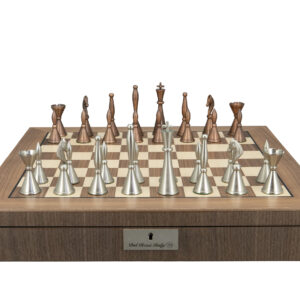 Dal Rossi Italy, Staunton Metal Chessmen on a Walnut Inlaid Chess Box with Compartments 20"