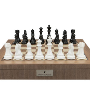 Dal Rossi Italy Black and White Weight pieces110mm Chessmen on a Walnut Inlaid Chess Box with Compartments 20"
