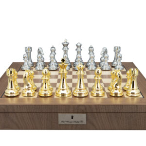 Dal Rossi Italy Gold and Silver Weighted Chess Pieces 110mm Chessmen on a Walnut Inlaid Chess Box with Compartments 20"