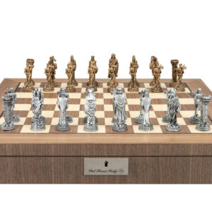 Dal Rossi Italy, Medieval Pewter Chessmen on a Walnut Inlaid Chess Box with Compartments 20"