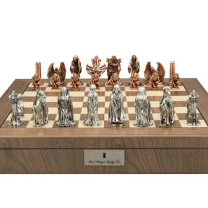 Dal Rossi Evil Ring Metal Chessmen on a Walnut Inlaid Chess Box with Compartments 20"