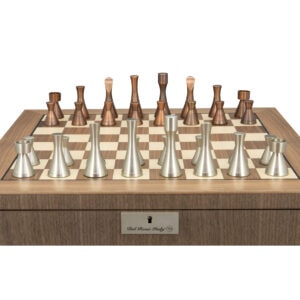 Dal Rossi Italy, Contemporary Metal Chessmen on a Walnut Inlaid Chess Box with Compartments 20"