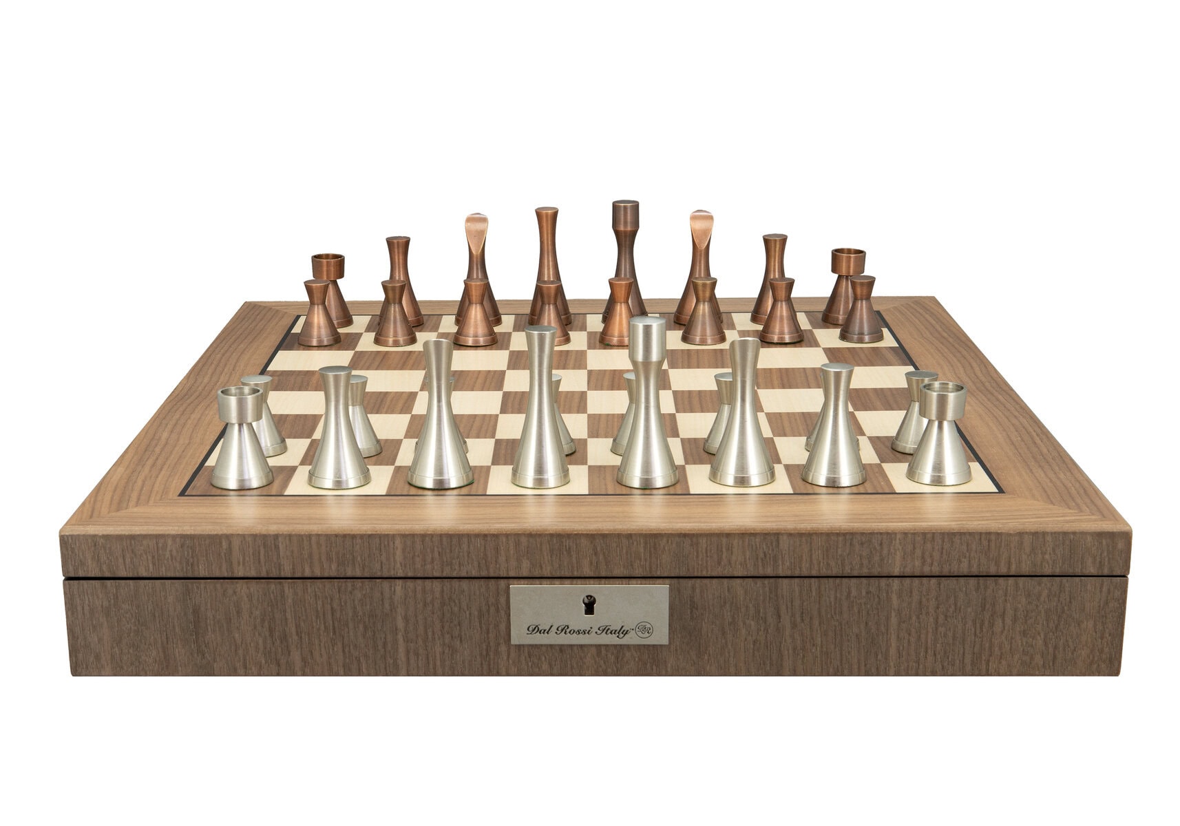 Dal Rossi Italy, Contemporary Metal Chessmen on a Walnut Inlaid Chess Box with Compartments 20"