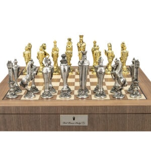 Dal Rossi Italy, “Renaissance” Chessmen on a Walnut Inlaid Chess Box with Compartments 20"