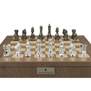 Dal Rossi Diamond-Cut Titanium & Silver Chessmen on a Walnut Inlaid Chess Box with Compartments 20"