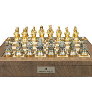 Dal Rossi Italy, Medieval Warriors chessmen on a Walnut Inlaid Chess Box with Compartments 20"
