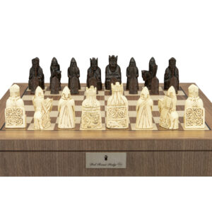 Dal Rossi Italy, Isle of Lewis Chessmen on a Walnut Inlaid Chess Box with Compartments 20"