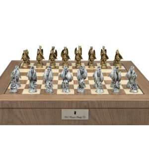 Dal Rossi Italy, Dragon, Pewter Chessmen on a Walnut Inlaid Chess Box with Compartments 20"